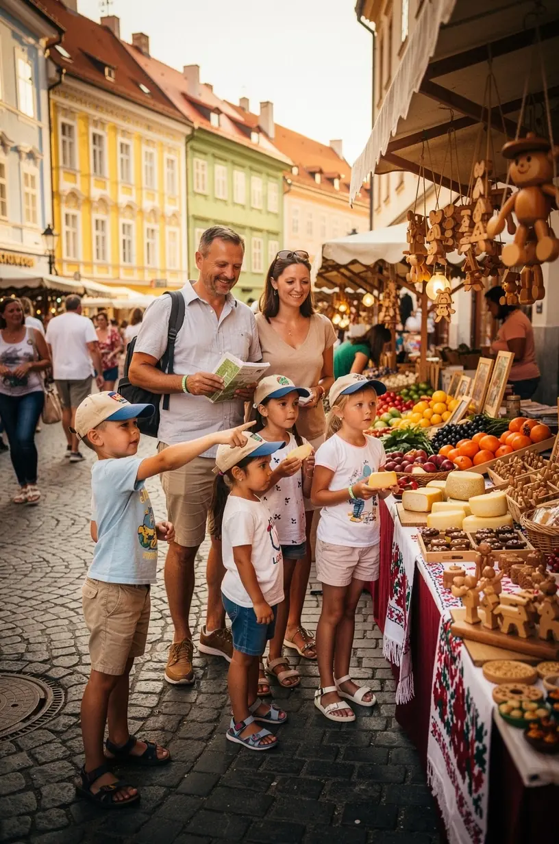 Rodinná zastávka pri historickej pamiatke s informačnými tabuľami prispôsobenými pre deti.