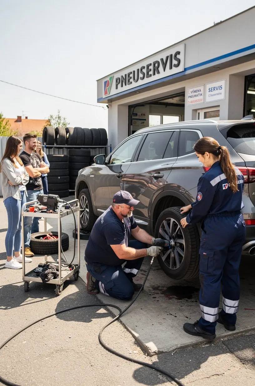 Zamestnanec servisu vyzdvihuje pneumatiky priamo z domu zákazníka pre sezónnu výmenu a uskladnenie.