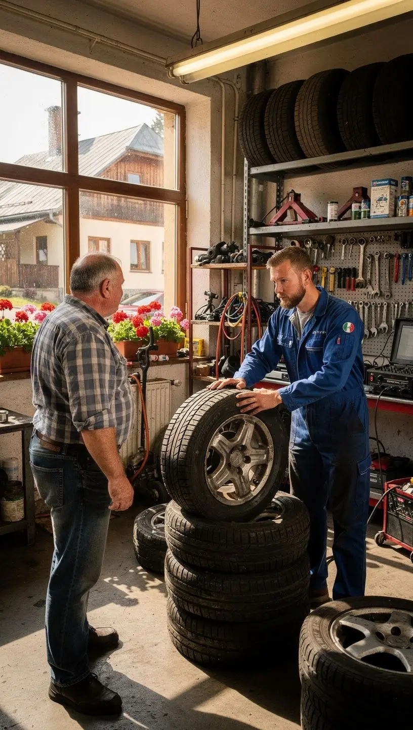 Detailný pohľad na montáž disku a pneumatiky v špecializovanom autoservise podľa stanoveného termínu.